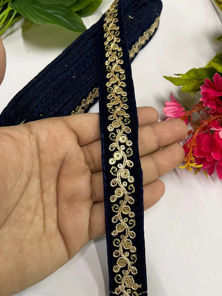 Velvet Embroidered Fabric Lace - Navy Blue
